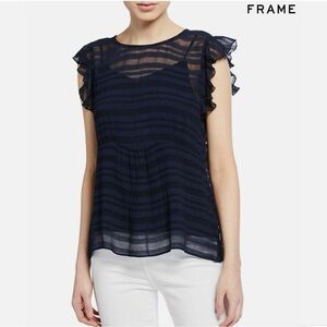 FRAME RUFFLE SHOULDER SHEER W/BASE LAYER STRIPE NAVY BLOUSE. SZ S